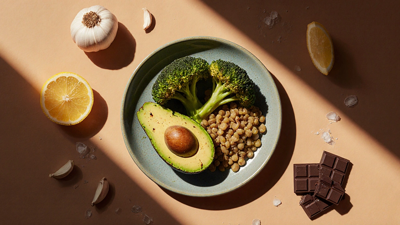 Roasted broccoli, lentils, avocado, and dark chocolate on a plate with garlic and lemon.