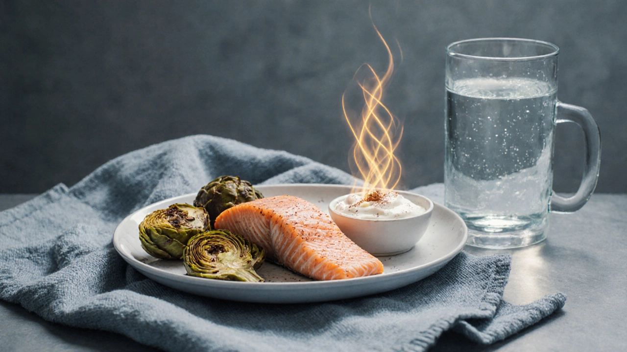 Salmon with artichokes and yogurt beside water, symbolizing metabolism boost.