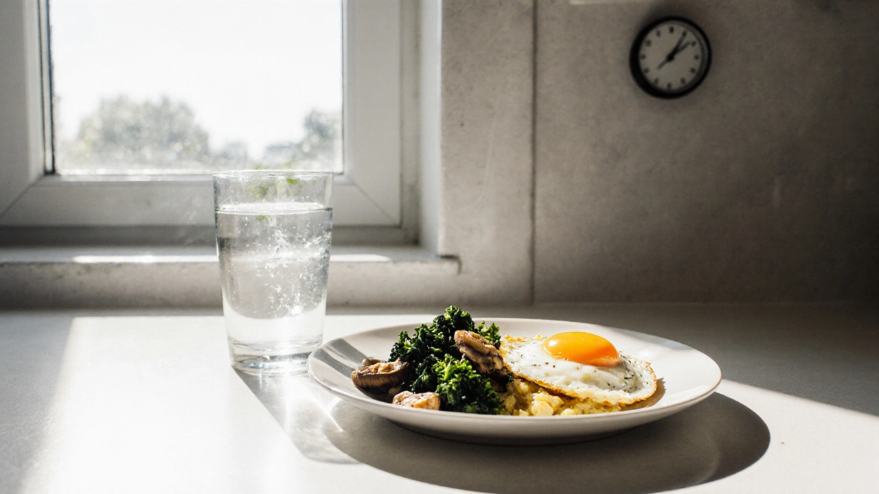 Scrambled eggs with kale and a glass of water at dinner time, natural sunlight.