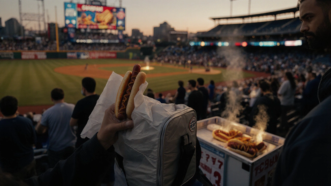 Someone eating a gluten-free hot dog at a baseball stadium while others consume regular hot dogs.