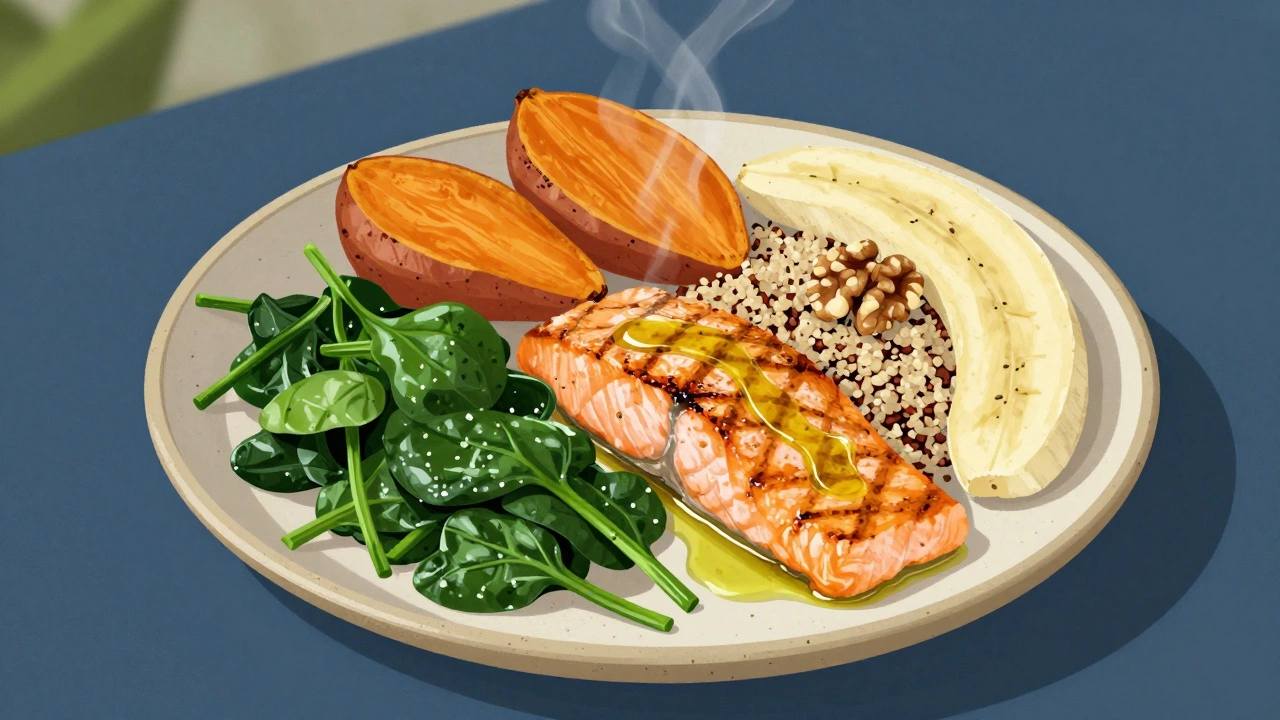 A balanced plate with salmon, spinach, sweet potatoes, quinoa, walnuts, and a banana.