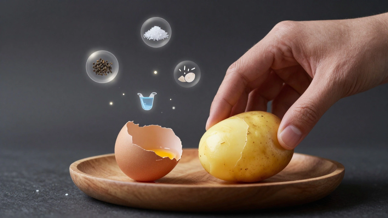 A boiled potato and egg on a plate with floating icons of salt, pepper, water, and rice.