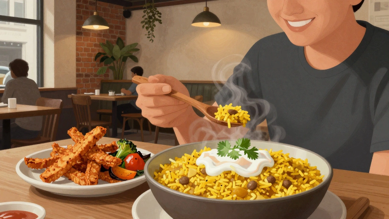 A bowl of lentil dal with coconut yogurt and tempeh strips in a cozy Wellington café.