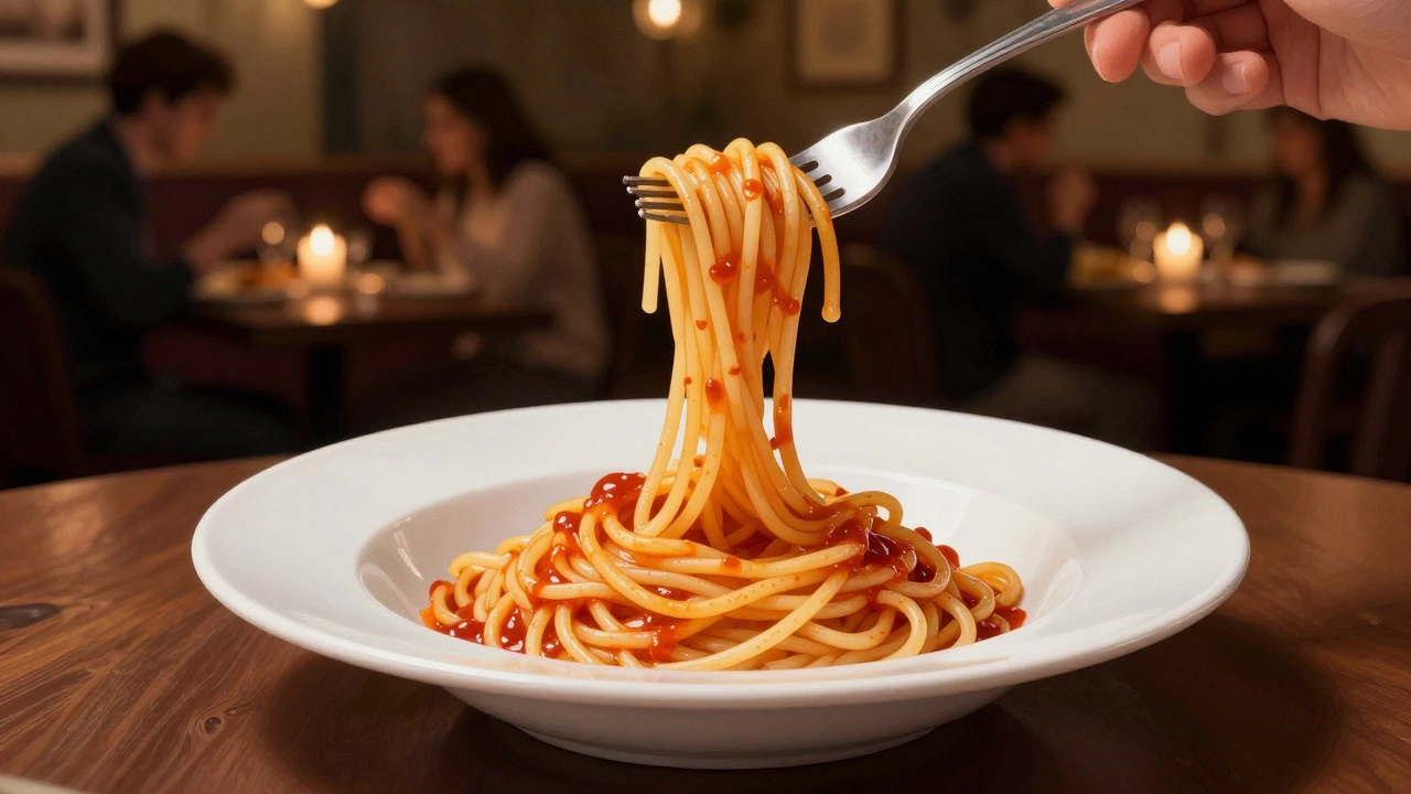A fork twirling spaghetti on a plate with no spoon, in a softly lit trattoria.