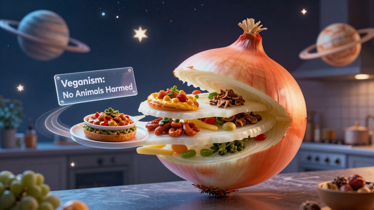 A giant onion floating in space, its layers revealing global vegan dishes with a clear vegan message.