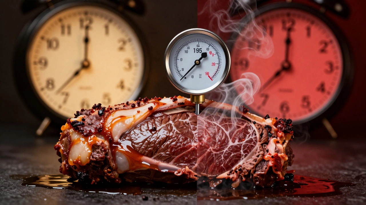 A meat thermometer in a roast with a split background showing time and texture differences between low and high heat cooking.