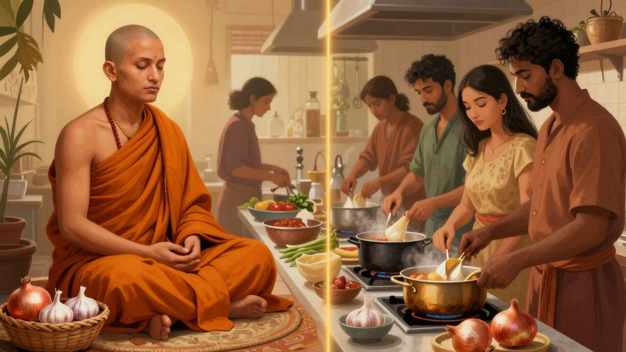 A spiritual figure beside a diverse vegan kitchen, showing cultural contrast with onions set apart.