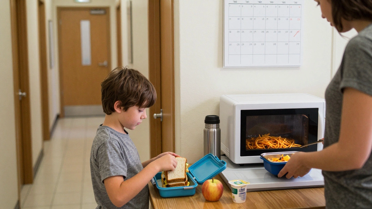 Child opening a packed lunchbox while a parent reheats dinner leftovers in the kitchen.