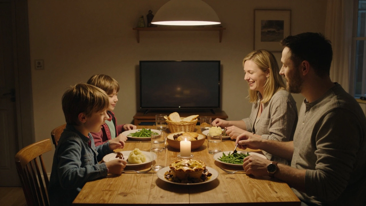 Family sharing a simple dinner together with candlelight and no screens in view.