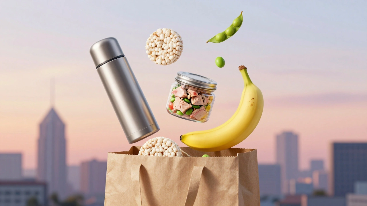 Floating lunch items like thermos, jar, banana, and rice cakes against a dawn skyline.