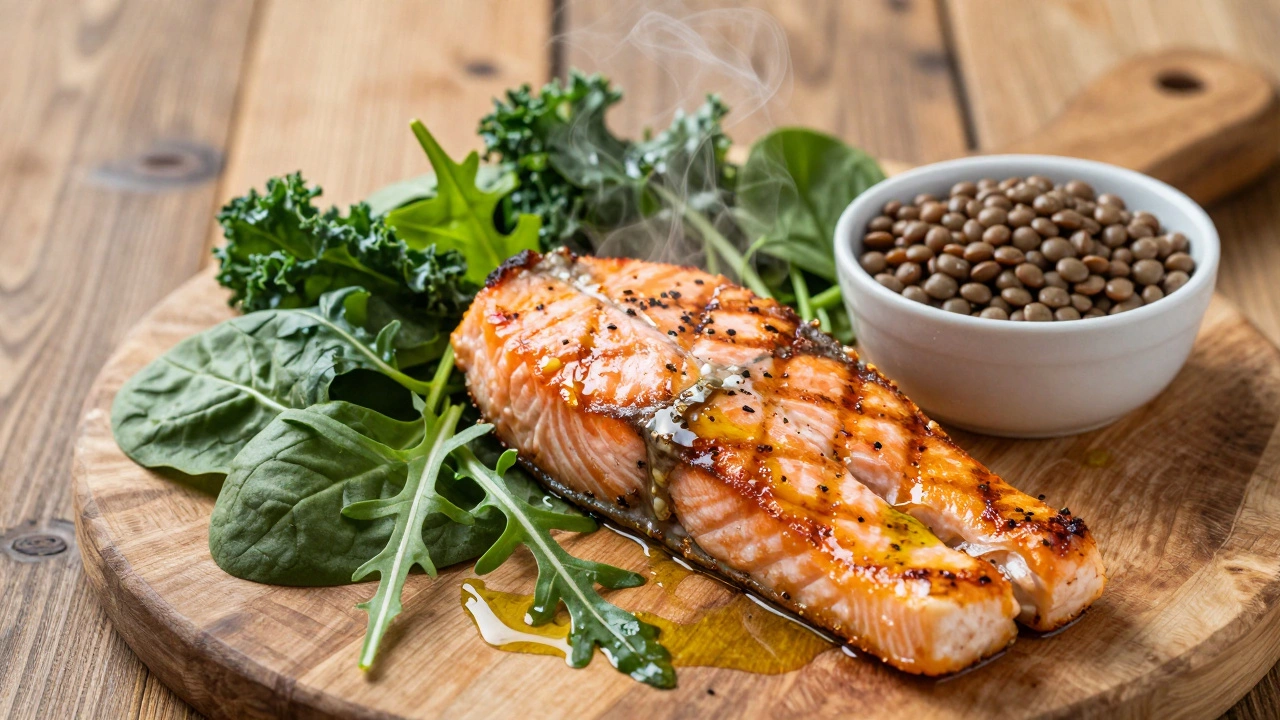 Grilled salmon with leafy greens and lentils on a rustic wooden table