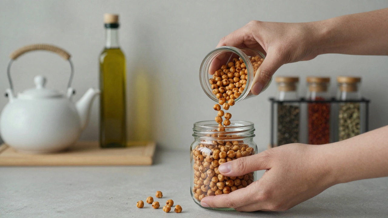 Hands pouring roasted chickpeas into a jar with kitchen essentials in background