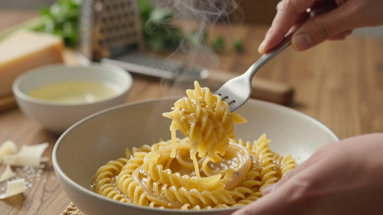 Hands twirling fusilli into a spiral nest using tongs and a fork, steam rising gently.