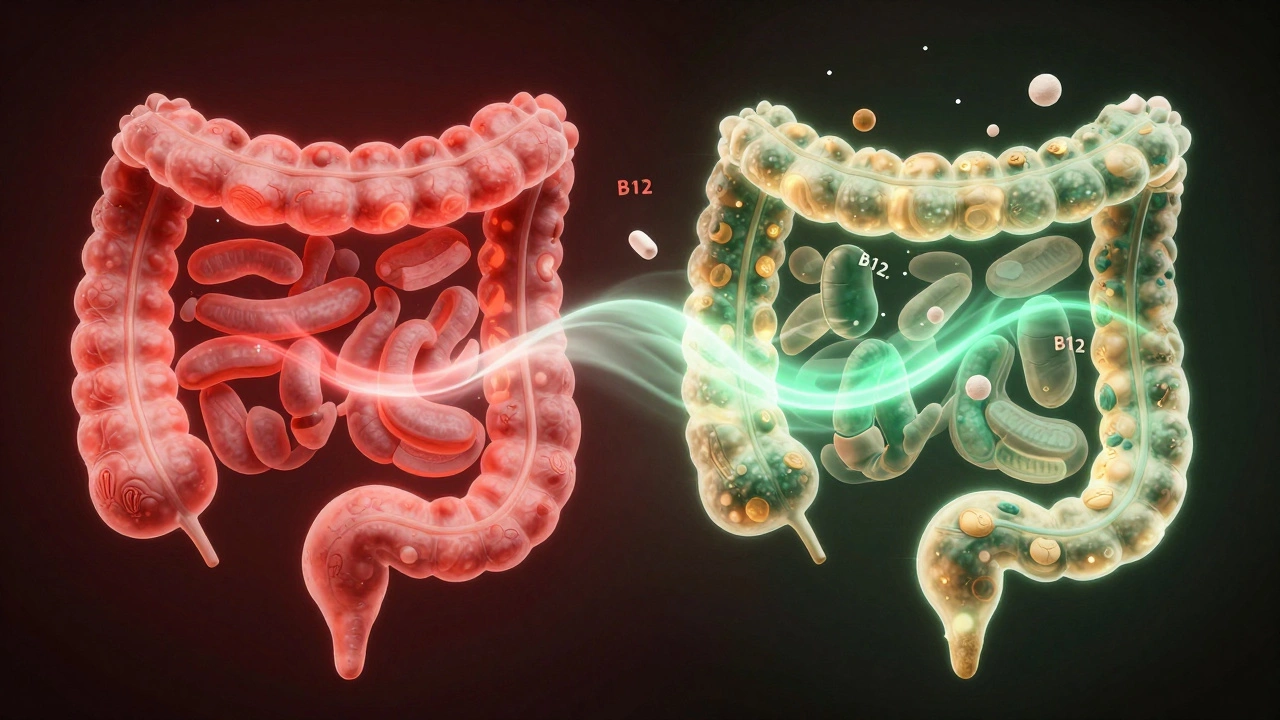 Healthy intestine healing beside damaged one, with glowing nutrients and soft light.