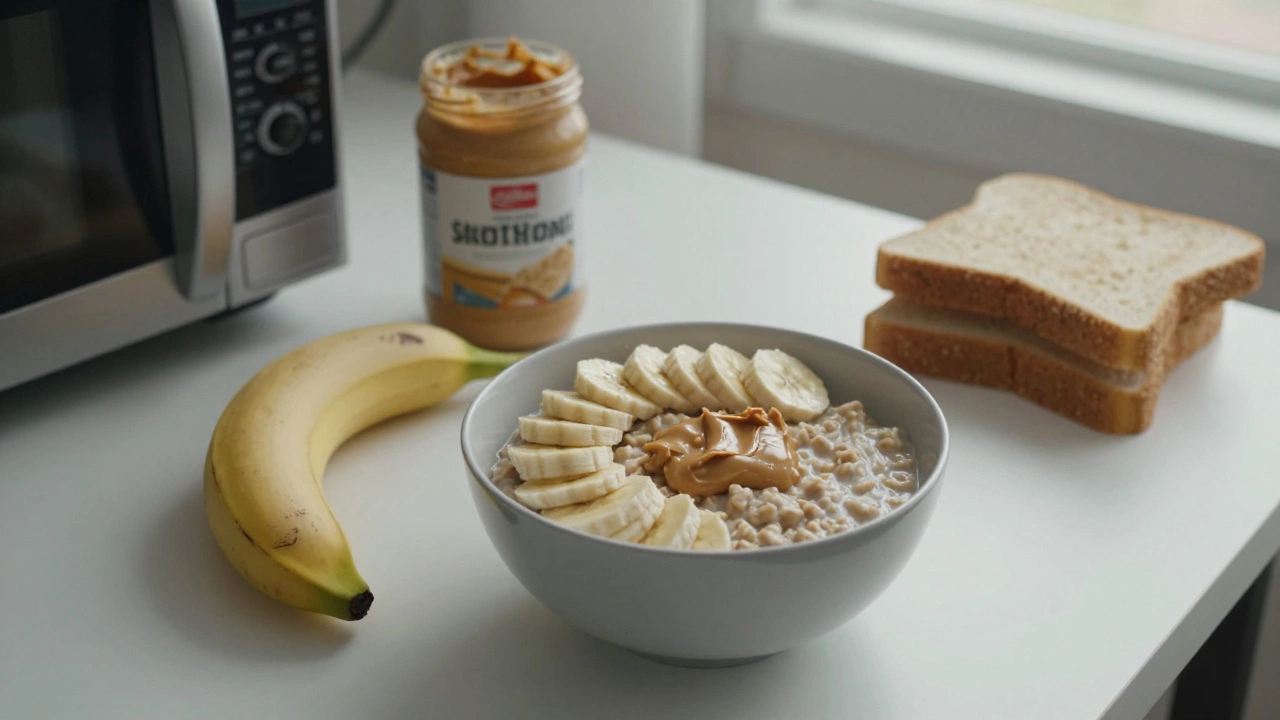 Oatmeal with banana and peanut butter on a desk at work