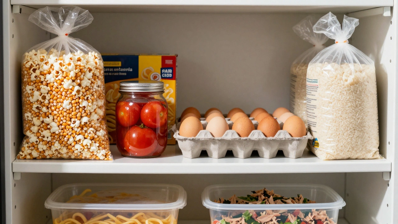 Pantry shelf with bulk staples like rice, beans, eggs, and popcorn kernels