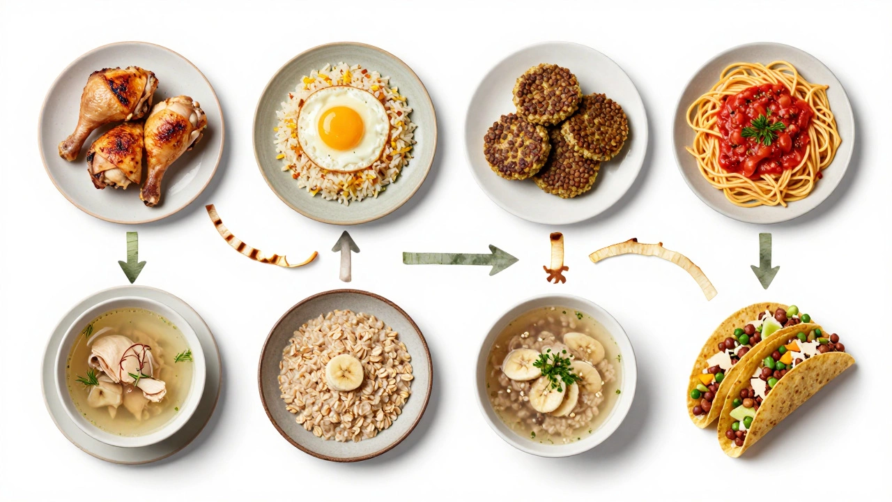 Seven circular meal panels showing how one set of ingredients becomes diverse dishes with no waste.