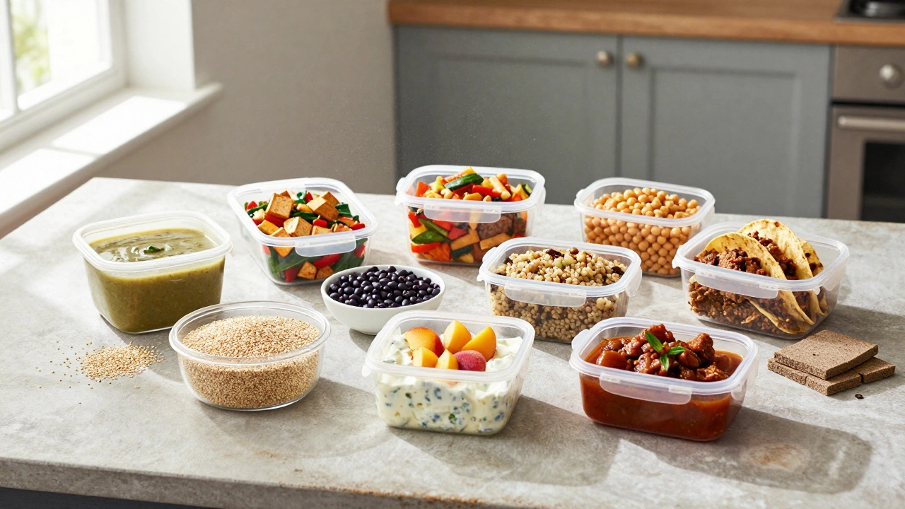 Seven meal prep containers showing a vegetarian protein plan for the week.