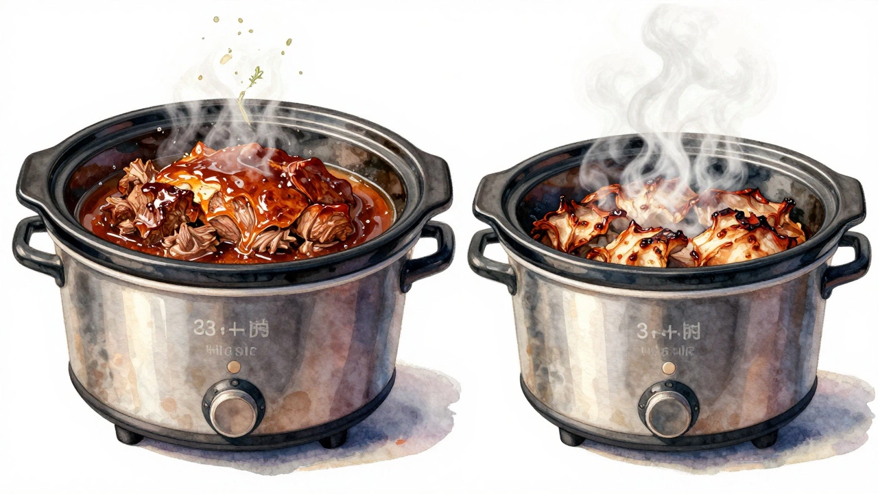 Side-by-side artistic comparison of slow-cooked meat: tender and juicy on low heat versus dry and overcooked on high heat.