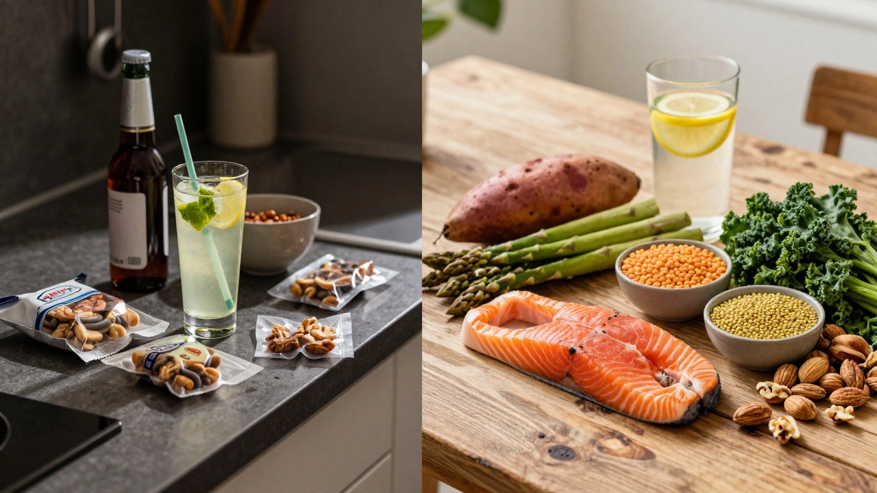 Side-by-side: unhealthy processed foods vs. whole foods promoting hormonal balance and reduced bloating.