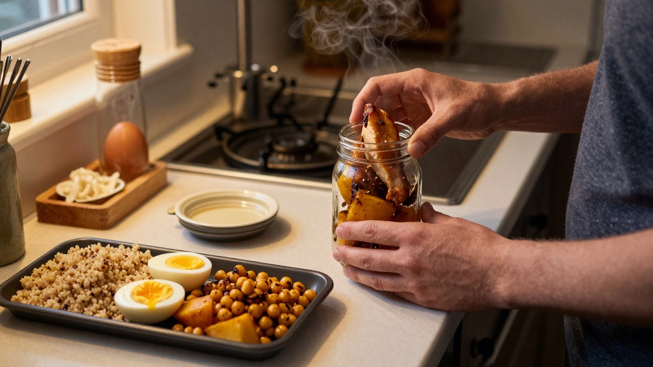 Someone placing leftover chicken and sweet potatoes into a Mason jar in a kitchen.