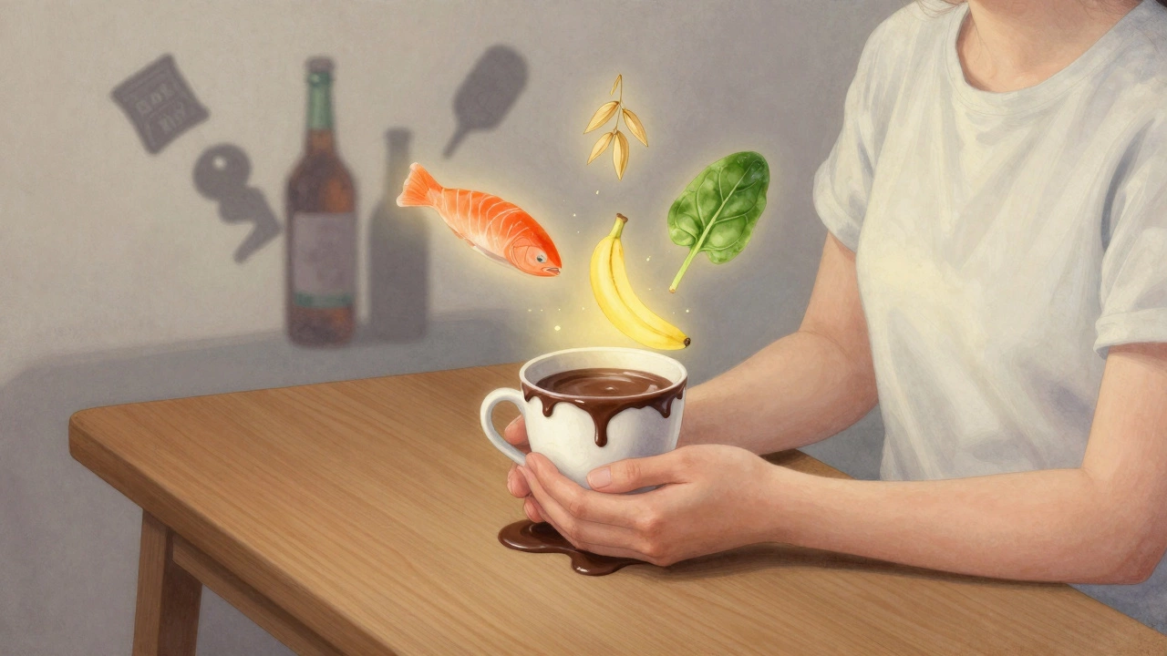 Someone sipping chocolate milk with floating symbols of mood-boosting foods glowing softly.