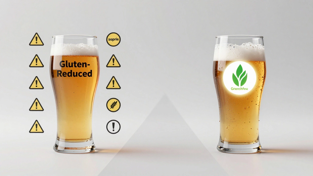 Split image: gluten-reduced beer with warnings vs. gluten-free beer with certification logo.