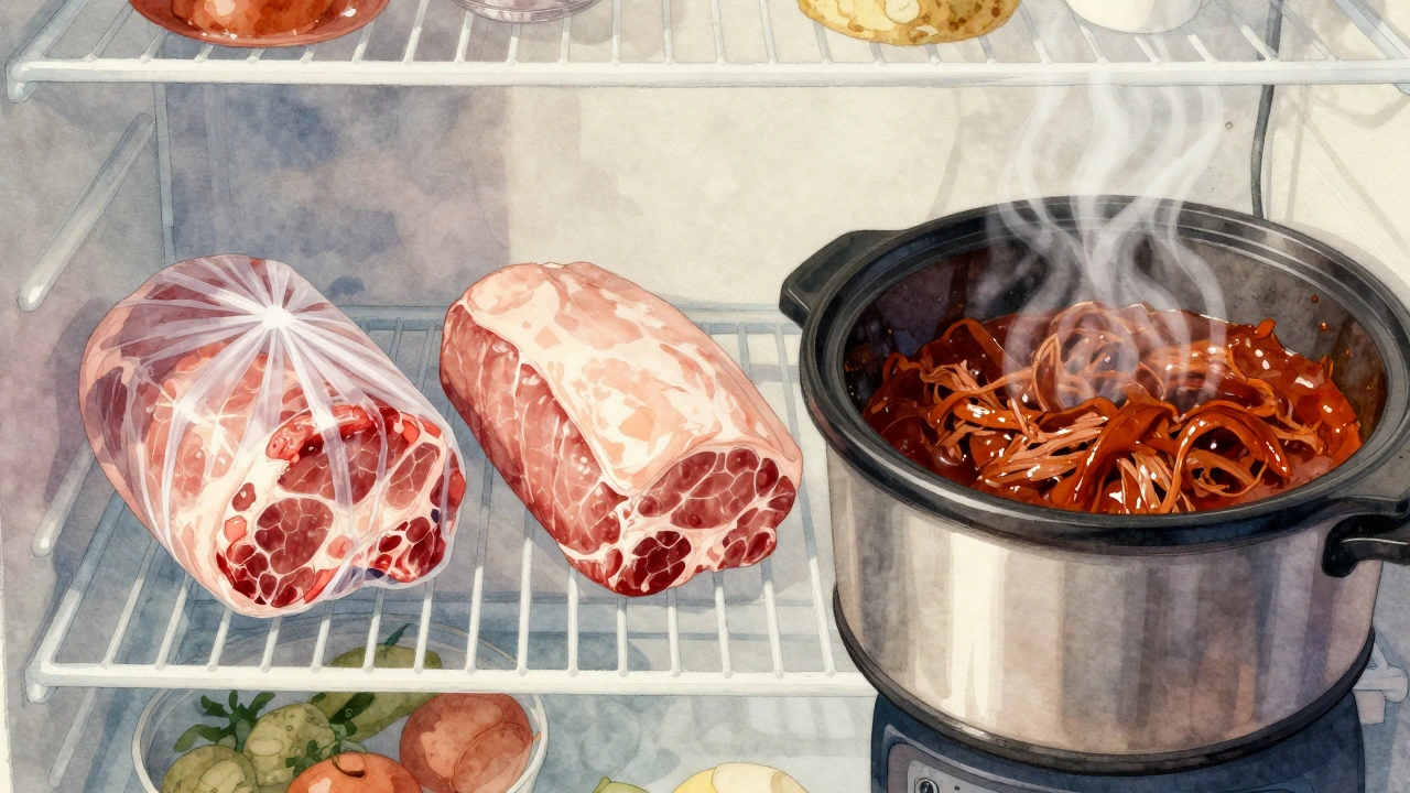 Time-lapse of a 2-pound pork shoulder transforming from frozen to tender shredded meat in a slow cooker.