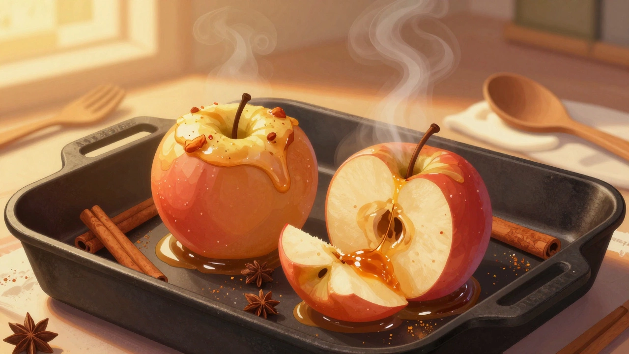 Two baked apples with cinnamon on a tray, steam rising gently