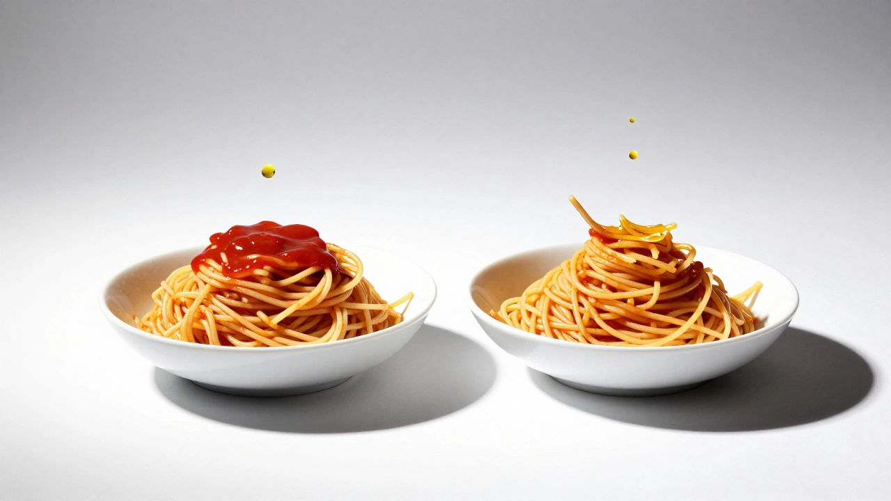 Two bowls of spaghetti: one whole and saucy, one broken with sauce falling off.