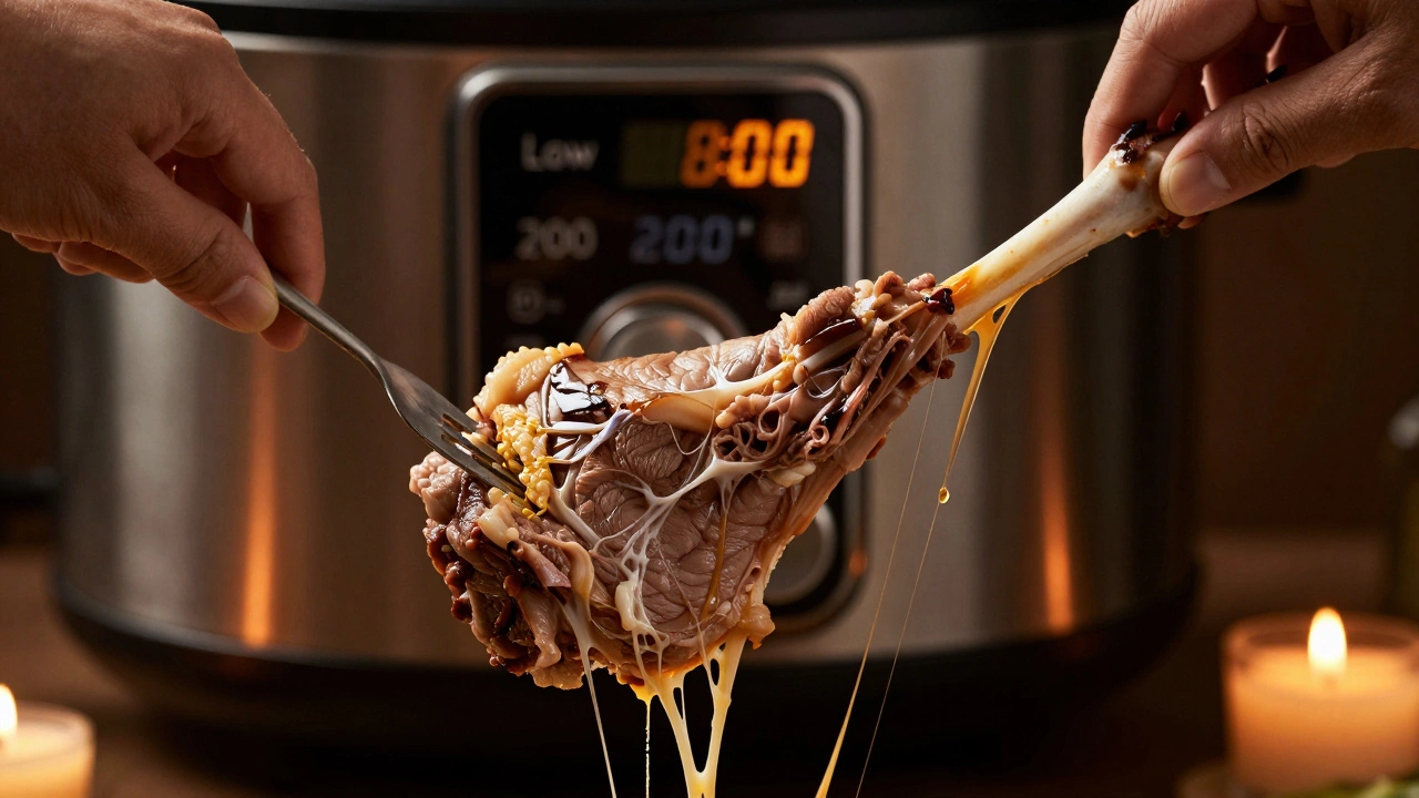 Two forks pulling apart a tender lamb shank, golden collagen strands stretching, slow cooker in background.