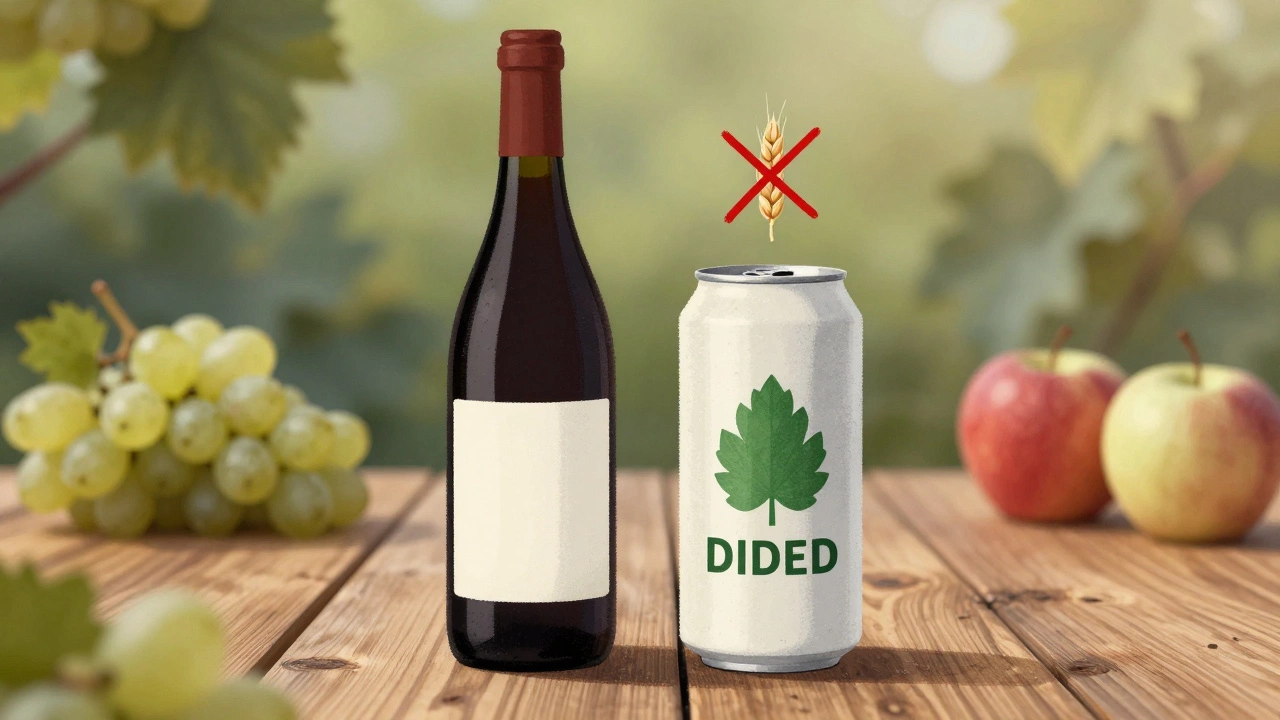Wine bottle and hard cider can beside grapes and apples, with barley grain crossed out.