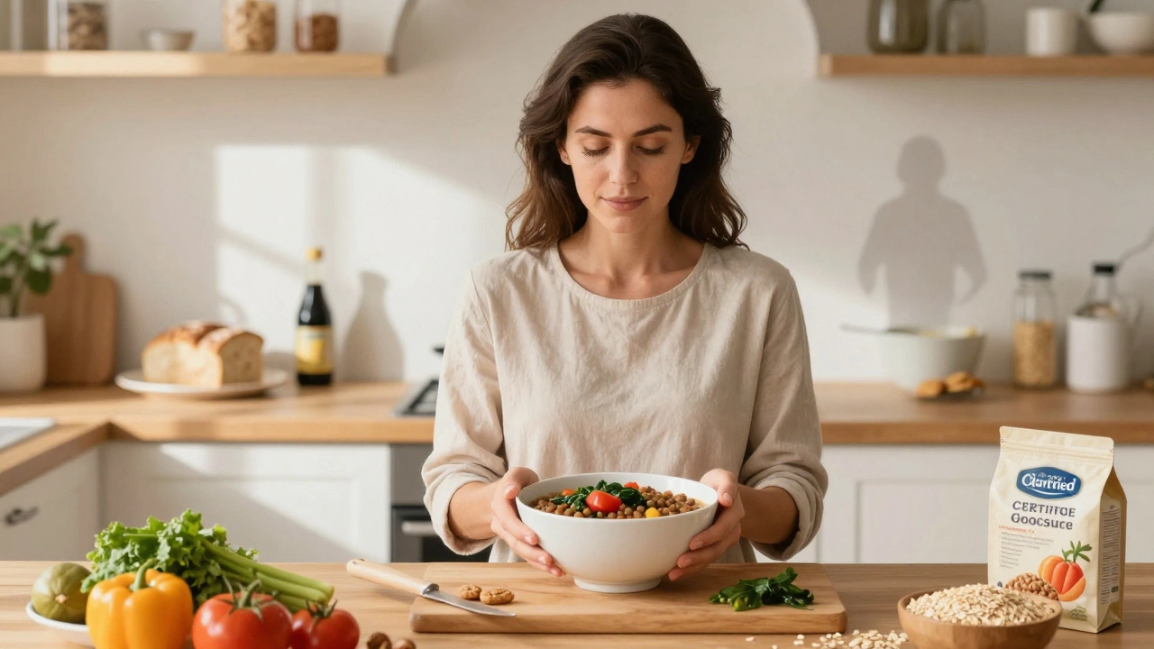 Woman holding nutrient-rich stew as processed gluten foods fade into mist behind her.