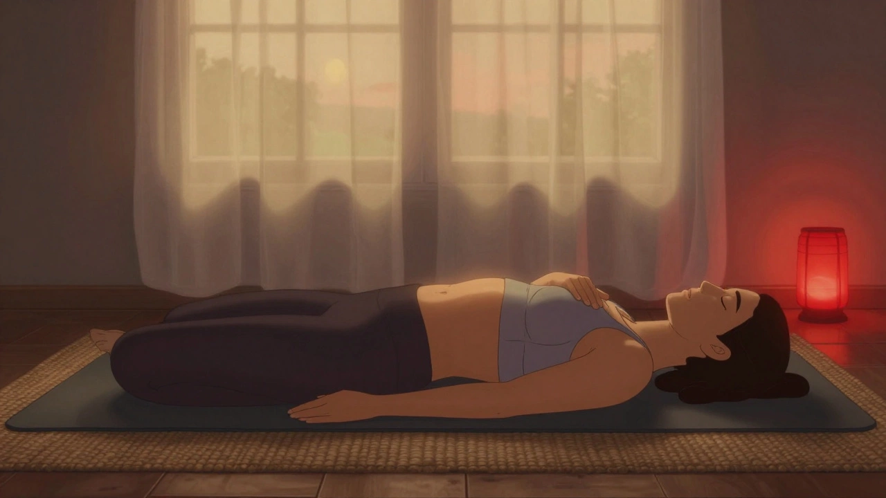 Woman lying on a yoga mat practicing deep breathing at dusk with soft red lighting.