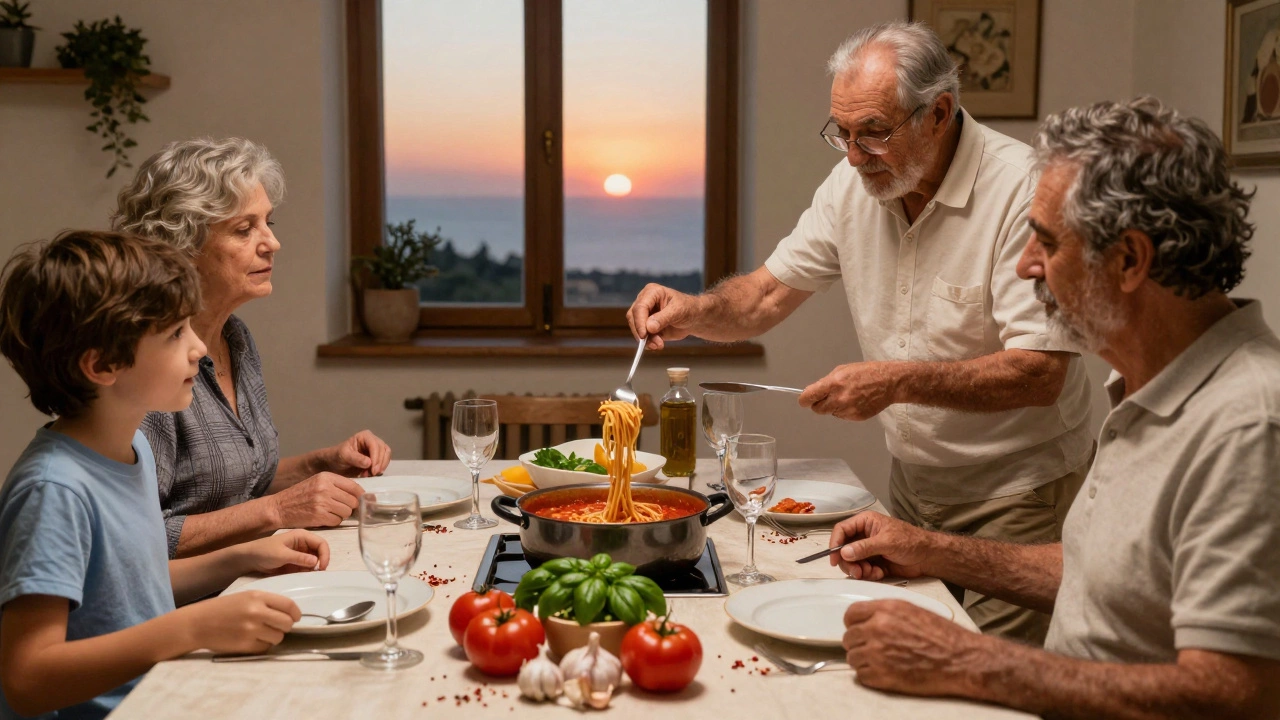 A child learning to eat spaghetti with a fork beside their grandfather at a family dinner in Sicily.