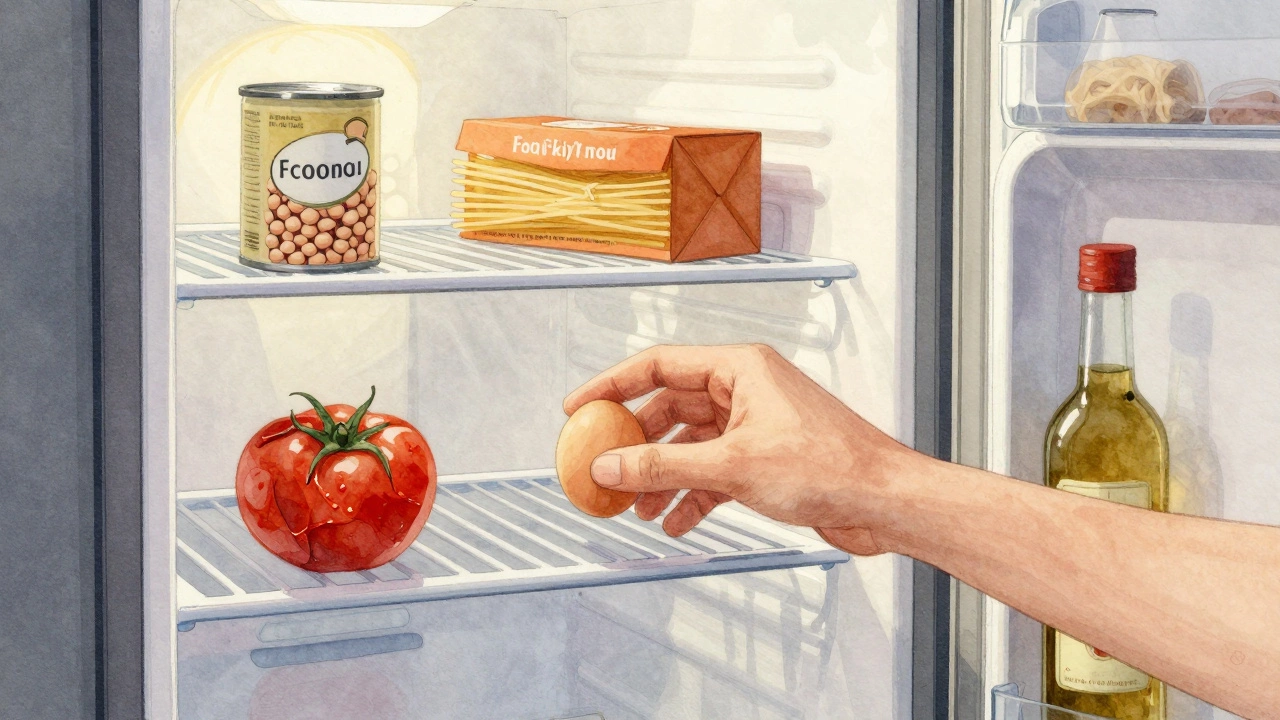 A hand reaching into an empty fridge, pulling out essentials for a humble dinner.
