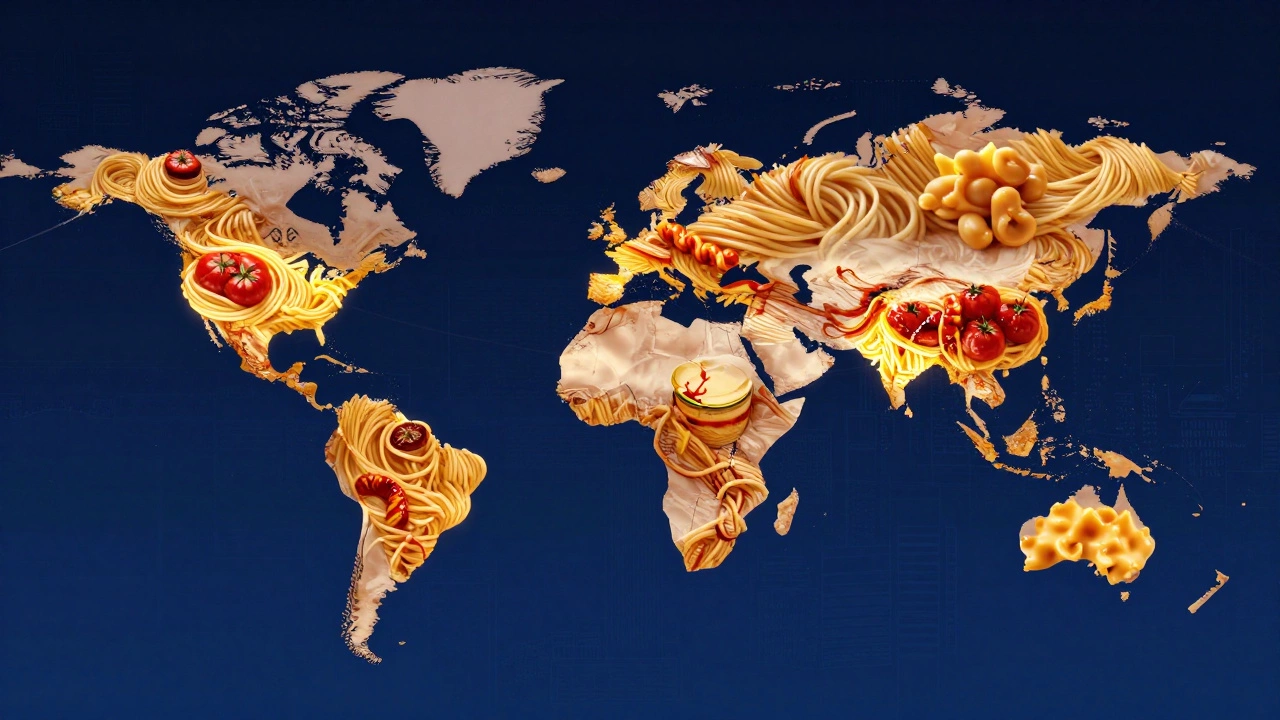 A single strand of spaghetti stretching across continents, representing global variations of the dish.