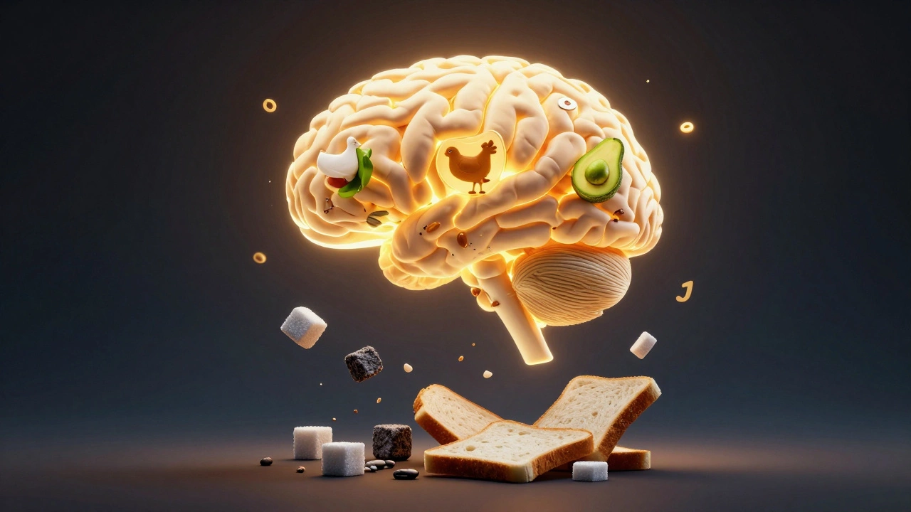 Brain glowing with steady light, surrounded by symbols of protein, fat, and fiber, while sugar and carbs fall away.