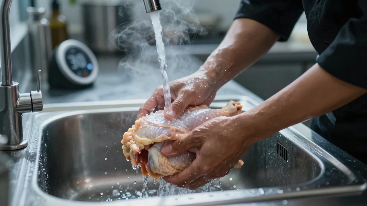 Chef rinsing chicken under cold water in a kitchen sink.
