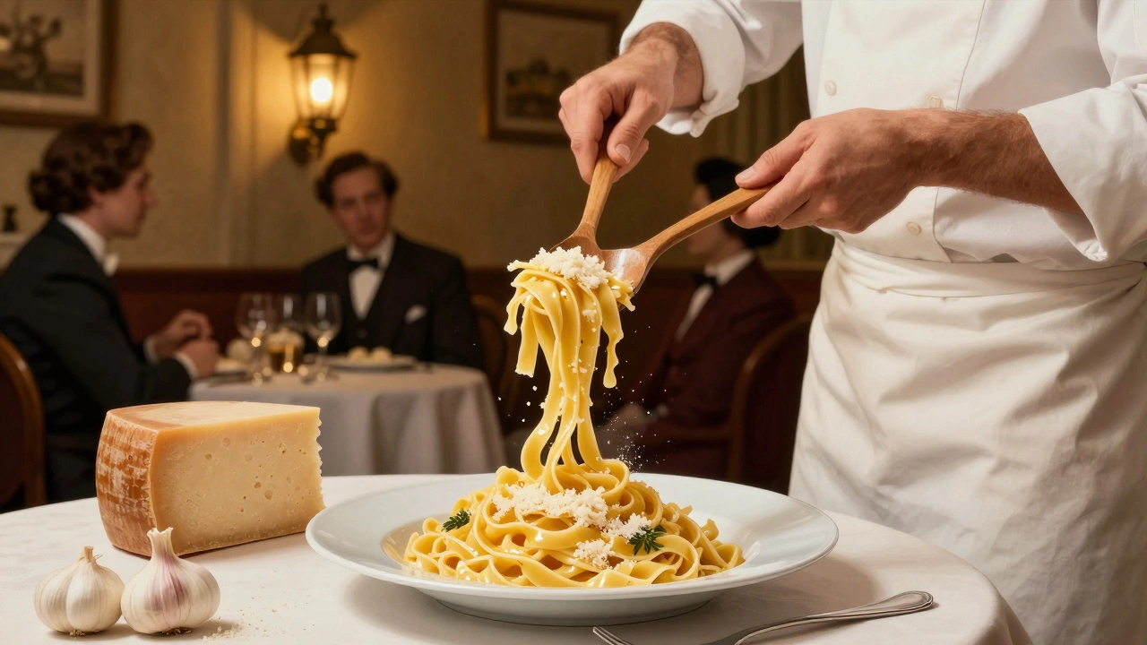 Chef tossing fettuccine Alfredo tableside with butter and Parmesan in a vintage Roman restaurant.