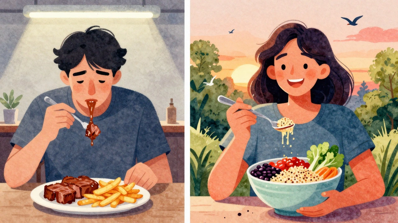 Contrasting scenes: processed meat meal vs. vibrant plant-based meal at sunset.