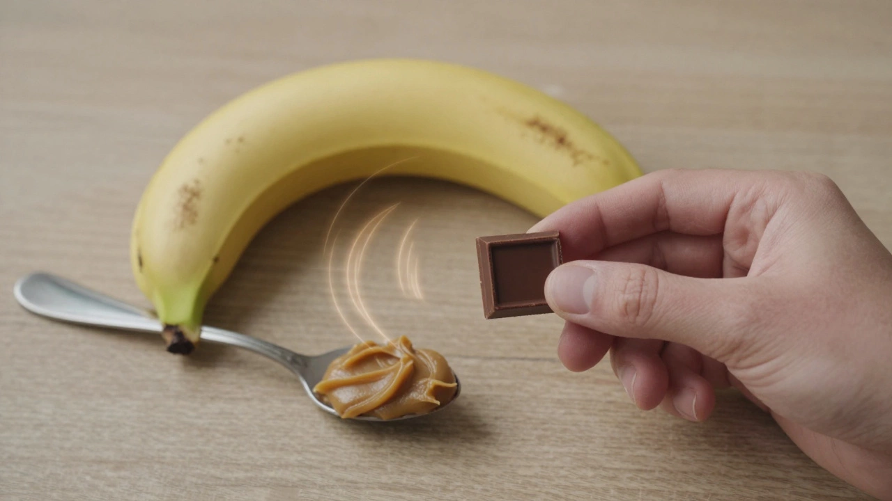 Dark chocolate square, banana, and almond butter arranged together as symbols of natural energy.