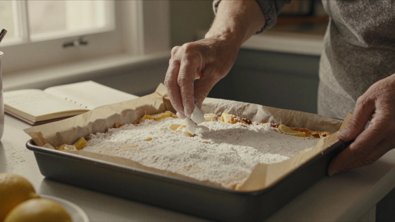 Elderly hands dusting powdered sugar over lemon bars in a baking pan with notebook nearby.