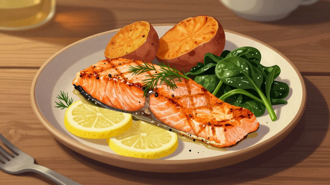 Grilled salmon with lemon, dill, roasted sweet potatoes, and spinach on a rustic plate.