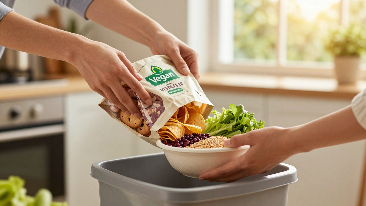 Hands discarding vegan junk food and filling a bowl with fresh vegetables and legumes.