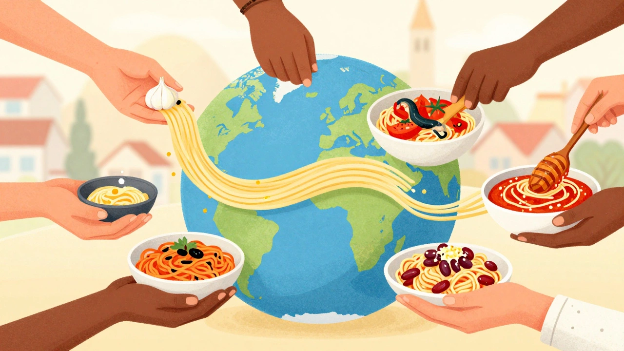 Hands from around the world cooking pasta with regional ingredients, connected by a swirling ribbon of noodles.