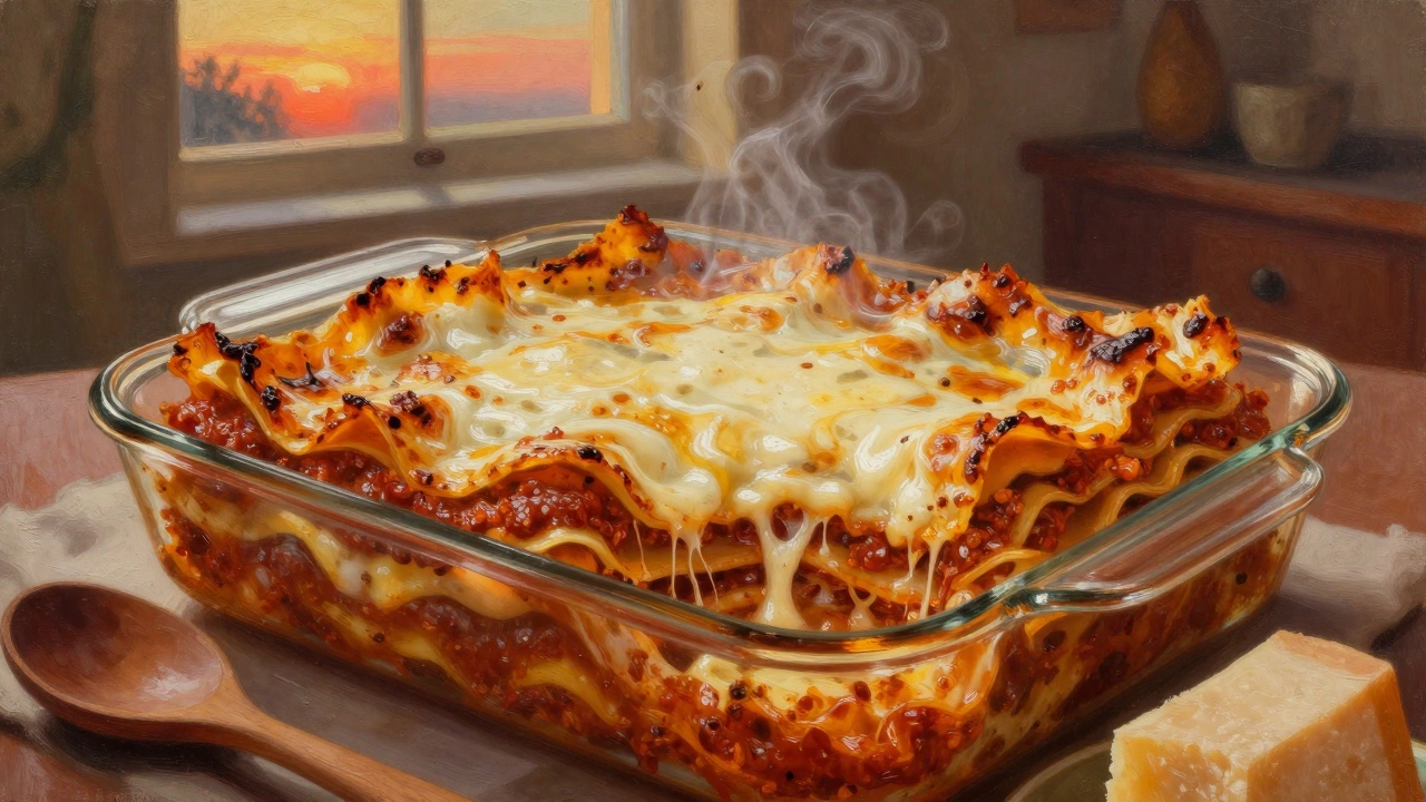 Layered lasagna being sliced, showing ragù, béchamel, and melted cheese under warm light.
