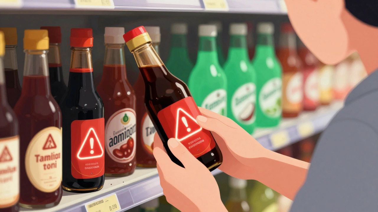 Person reading condiment label in supermarket, red warnings on unsafe bottles, green safe alternatives glowing in background.