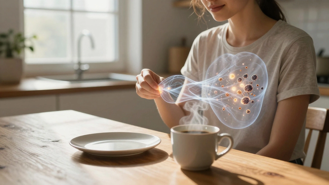 Person sitting in morning light beside an empty plate, cellular cleanup visible as light filaments