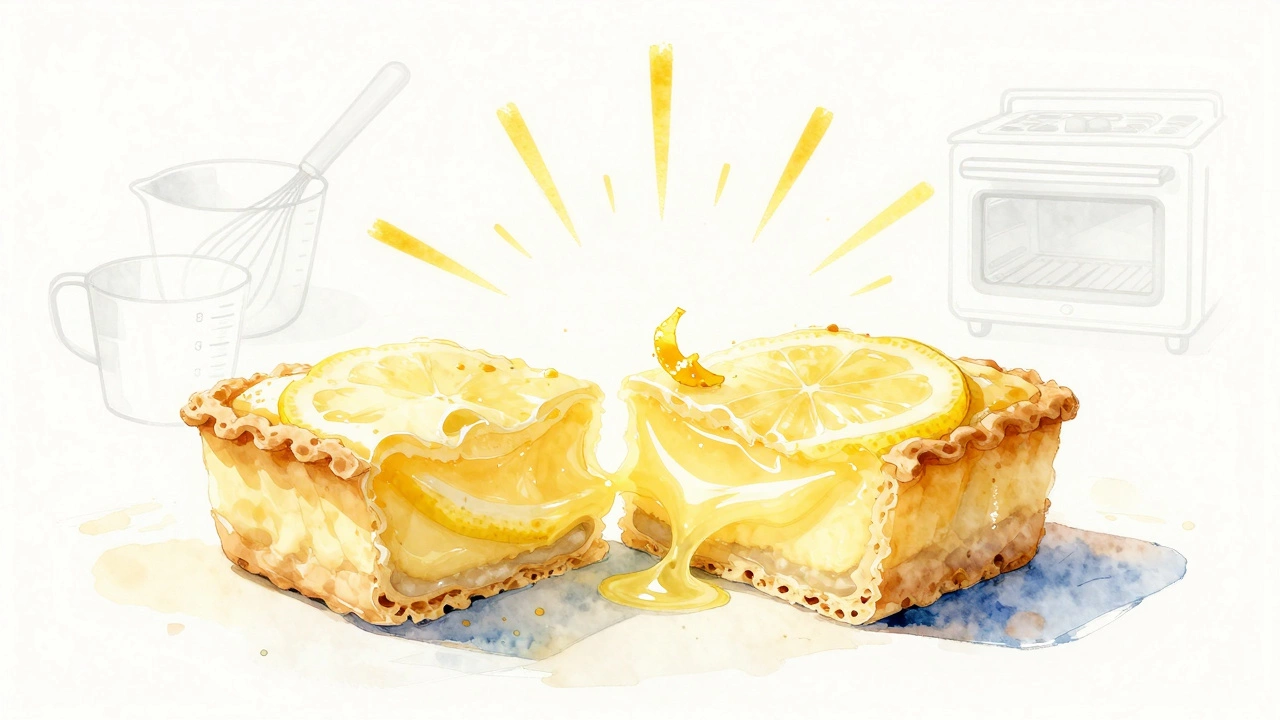 Sliced lemon bar with golden rays radiating from zest, watercolor style, no text.